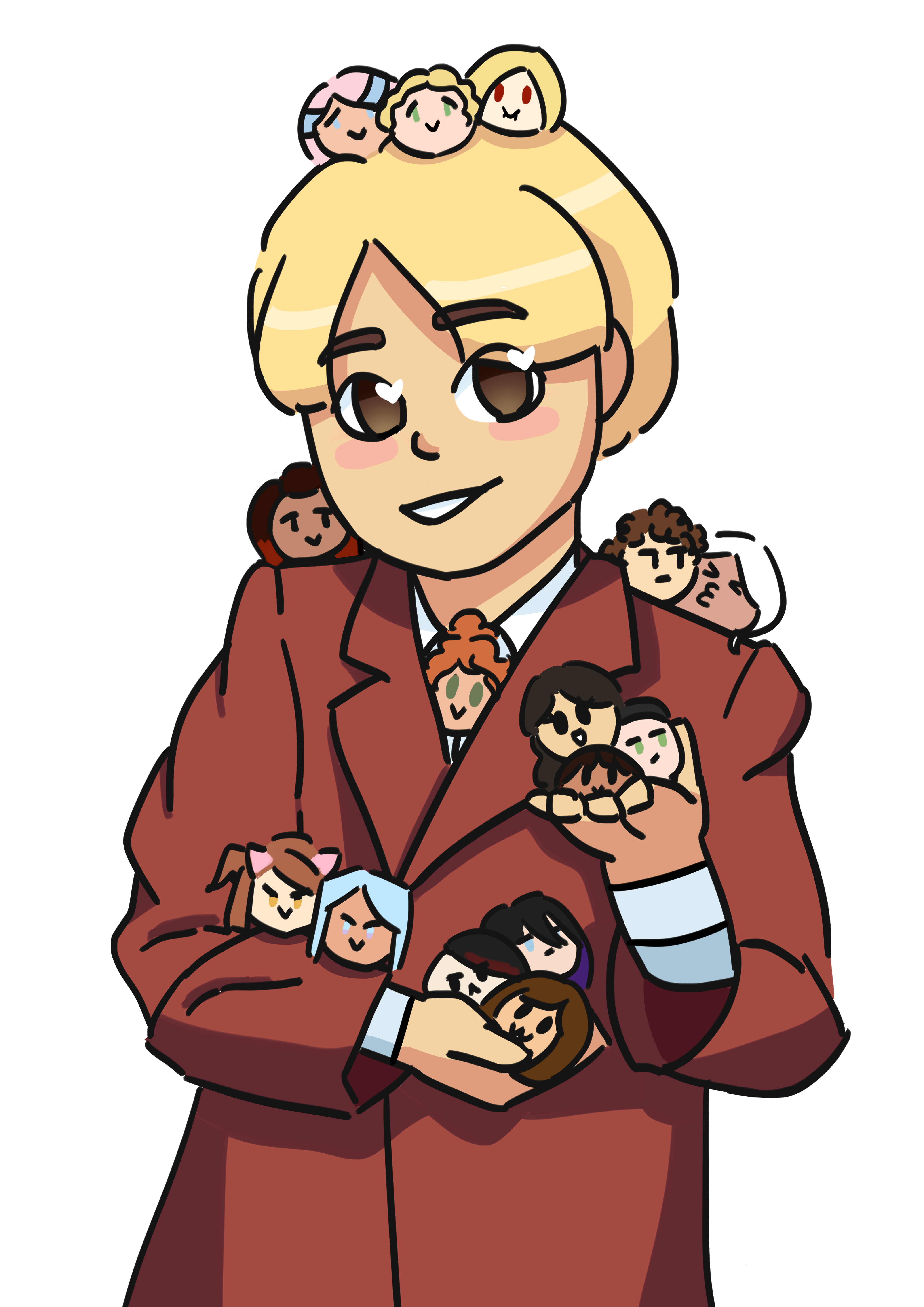 my persona, blonde bowl cut with a red coat, holding multiple balls based off my original characters